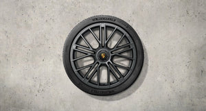 21-inch Panamera Turbo S complete winter wheel-and-tire set, painted in Anthracite Gray, with central locking