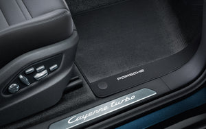 Carbon floor mats with leather edging