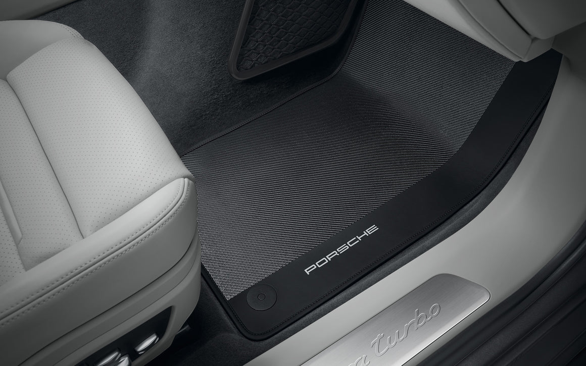 Carbon floor mats with leather edging